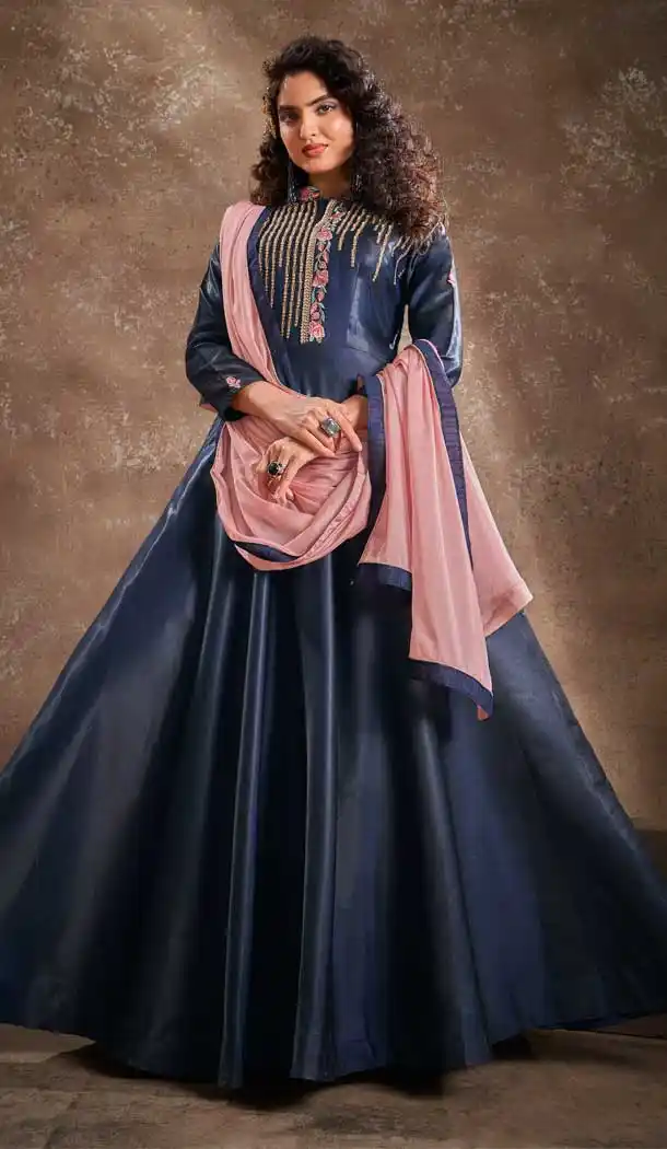 Navy Blue Color Triva Silk Designer Party Wear Readymade Gown Suit -039117528