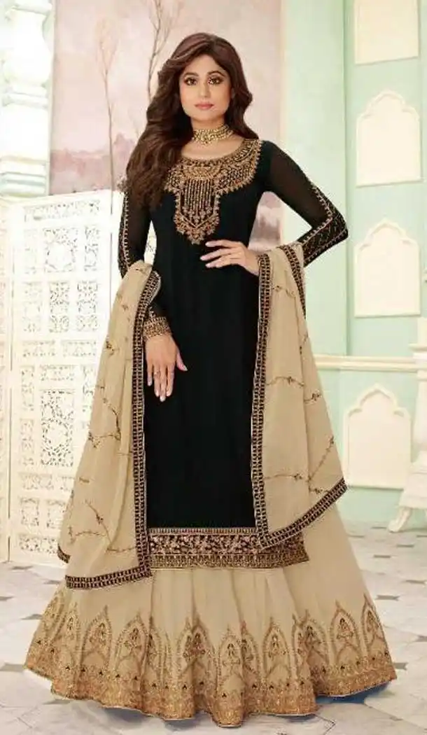 Black Color Foux Georgette Heavy Designer Gharara Style Salwar Suit -046117580