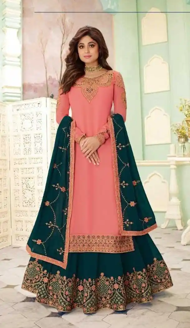 Peach Color Foux Georgette Heavy Designer Gharara Style Salwar Suit -046117581