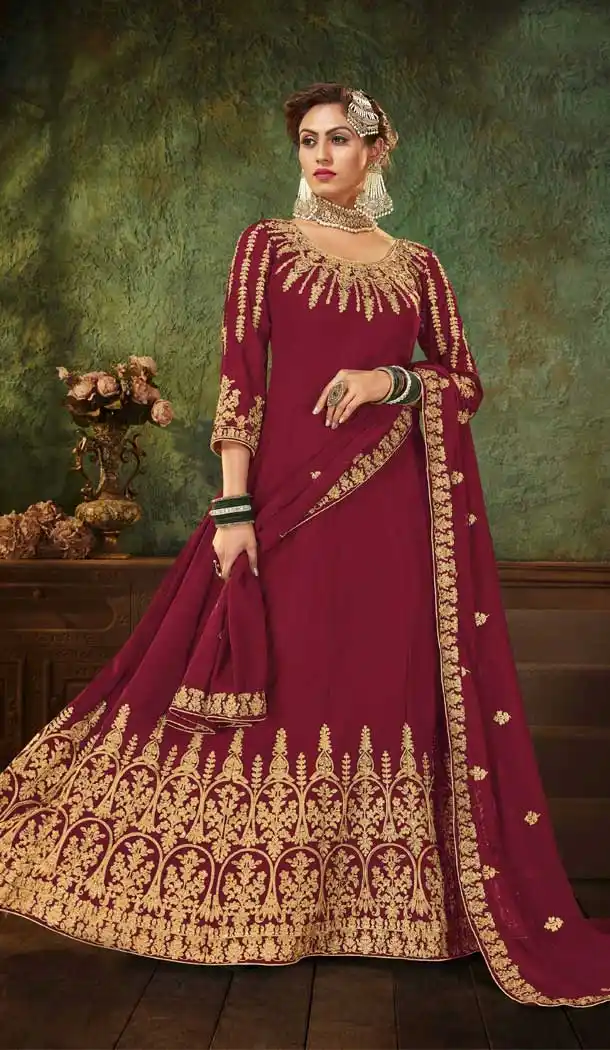 Maroon Color Pure Georgette Heavy Designer Wear Aanarkali Suit -048117592