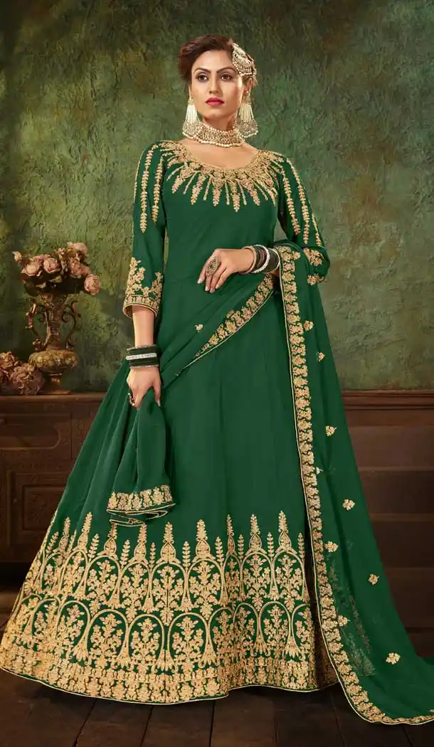 Green Color Pure Georgette Heavy Designer Wear Aanarkali Suit -048117593