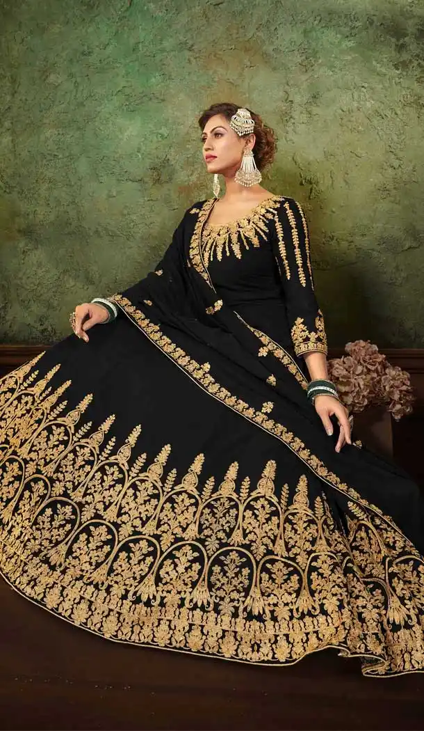 Black Color Pure Georgette Heavy Designer Wear Aanarkali Suit -048117594