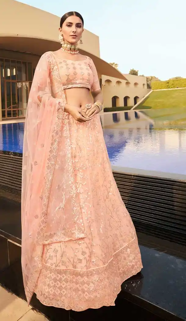 Peach Color Soft Net Designer Bridal Wear Lehenga Choli -049117597