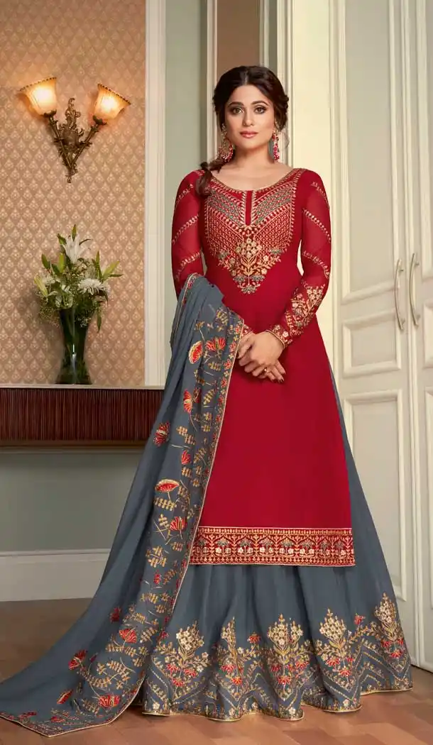 Pinkish Red Color Real Georgette Designer Bridal Wear Salwar Suit -050117603
