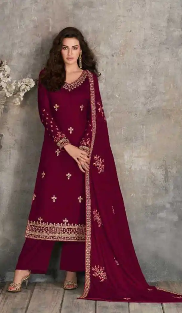 Maroon Color Rangoli Georgette Designer Party Wear Palazzo Suit -052117612