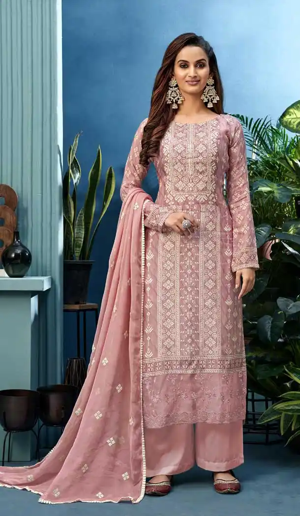 Light Pink Color Pure Muslin Designer Party Wear Palazzo Suit -053117615