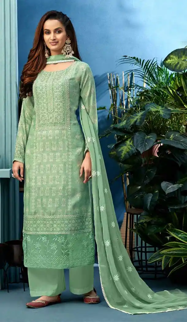 Sea Green Color Pure Muslin Designer Party Wear Palazzo Suit -053117616