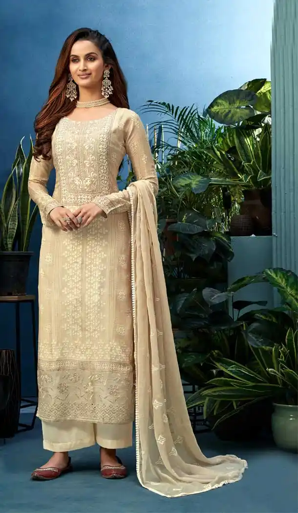 Cream Color Pure Muslin Designer Party Wear Palazzo Suit -053117617