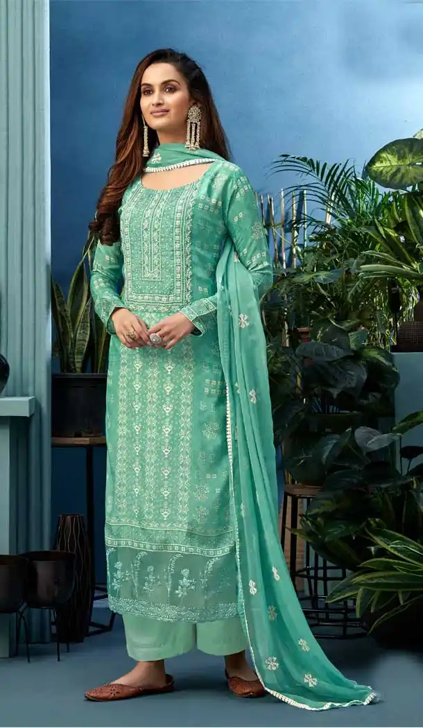 Aqua Color Pure Muslin Designer Party Wear Palazzo Suit -053117619