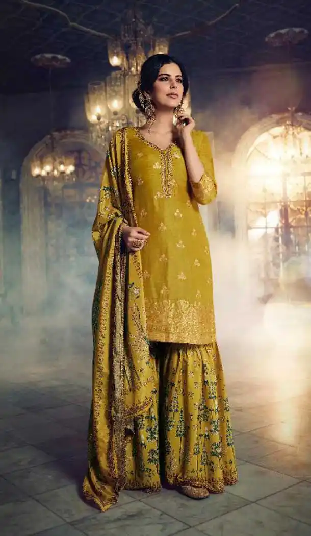 Olive Color Pure Dola Silk Embroidery Designer Party Wear Sharara Suit -055117629