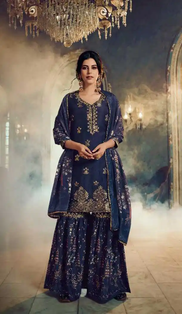 Navy Blue Color Pure Dola Silk Embroidery Designer Party Wear Sharara Suit -055117630