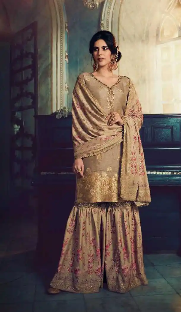 Beige Color Pure Dola Silk Embroidery Designer Party Wear Sharara Suit -055117631