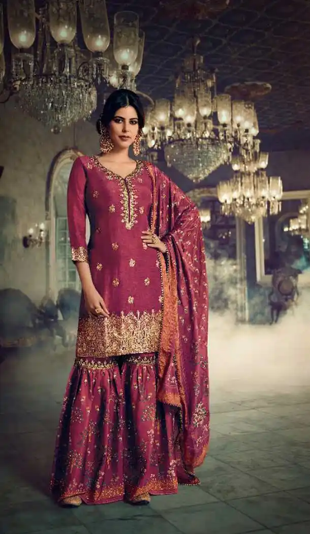 Pink Maroon Color Pure Dola Silk Embroidery Designer Party Wear Sharara Suit -055117632