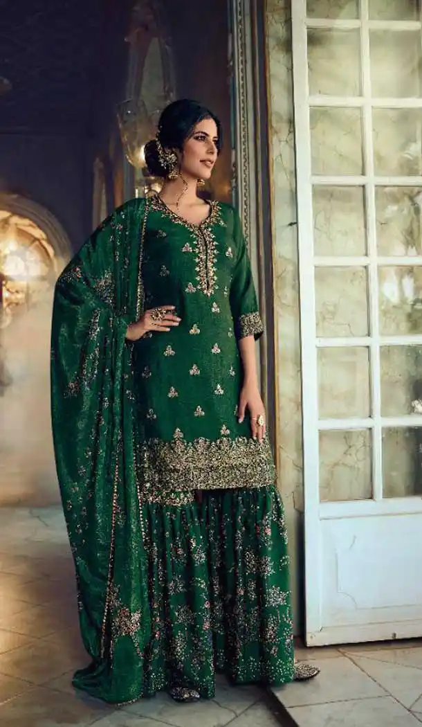 Green Color Pure Dola Silk Embroidery Designer Party Wear Sharara Suit -055117633