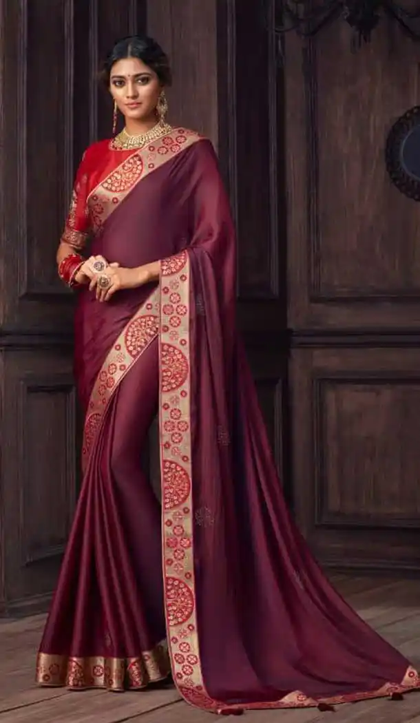Wine Maroon Color Silk Embroidered Work Designer Party Wear Saree -056117634
