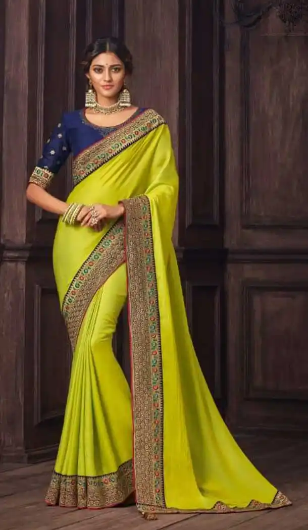 Lime Color Silk Embroidered Work Designer Party Wear Saree -056117635
