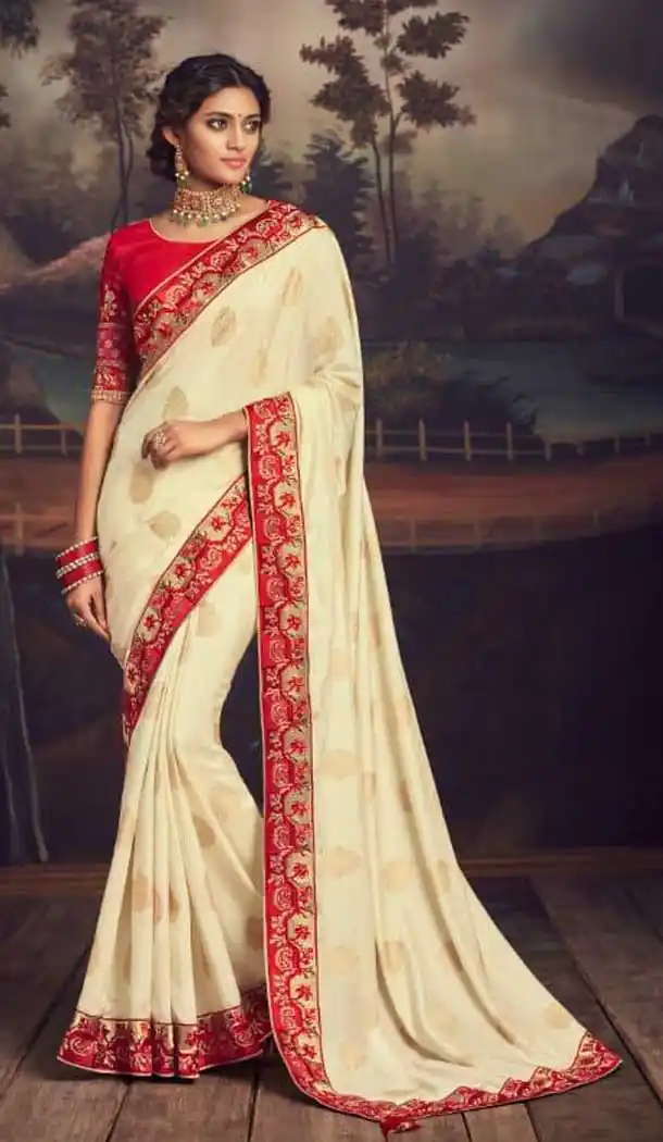 Cream Color Silk Embroidered Work Designer Party Wear Saree -056117636