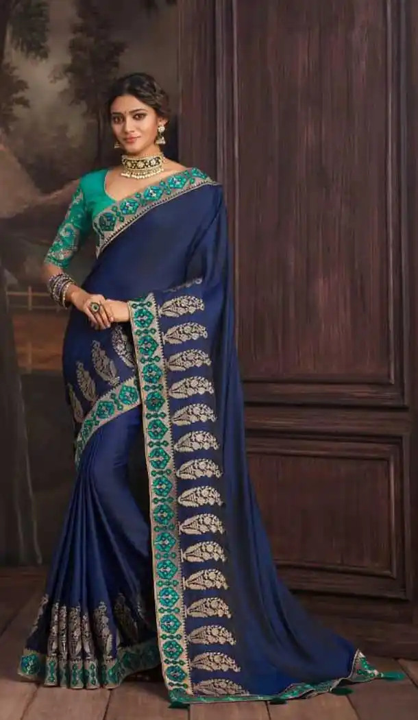 Blue Color Silk Embroidered Work Designer Party Wear Saree -056117637