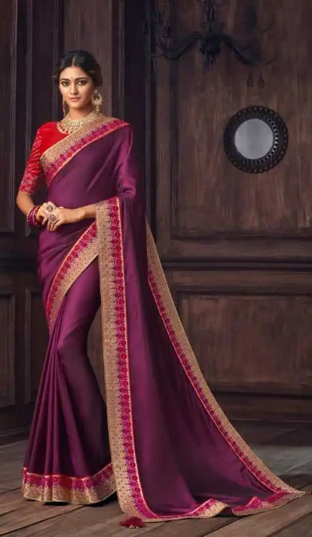 Violet Color Silk Embroidered Work Designer Party Wear Saree -056117638
