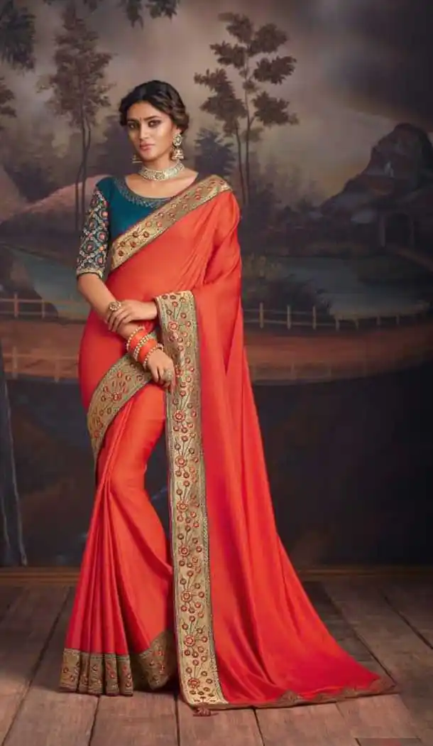 Redish Orange Color Silk Embroidered Work Designer Party Wear Saree -056117639