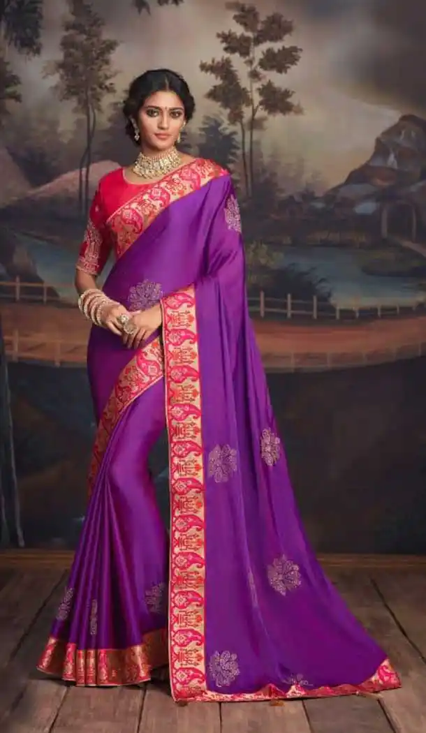Purple Color Silk Embroidered Work Designer Party Wear Saree -056117640