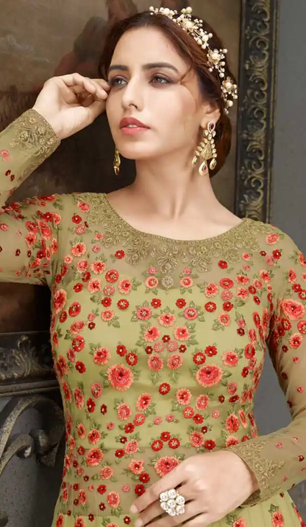 Olive Color Soft Net Embroidered Bridal Designer Party Wear Gown Suit -059117666