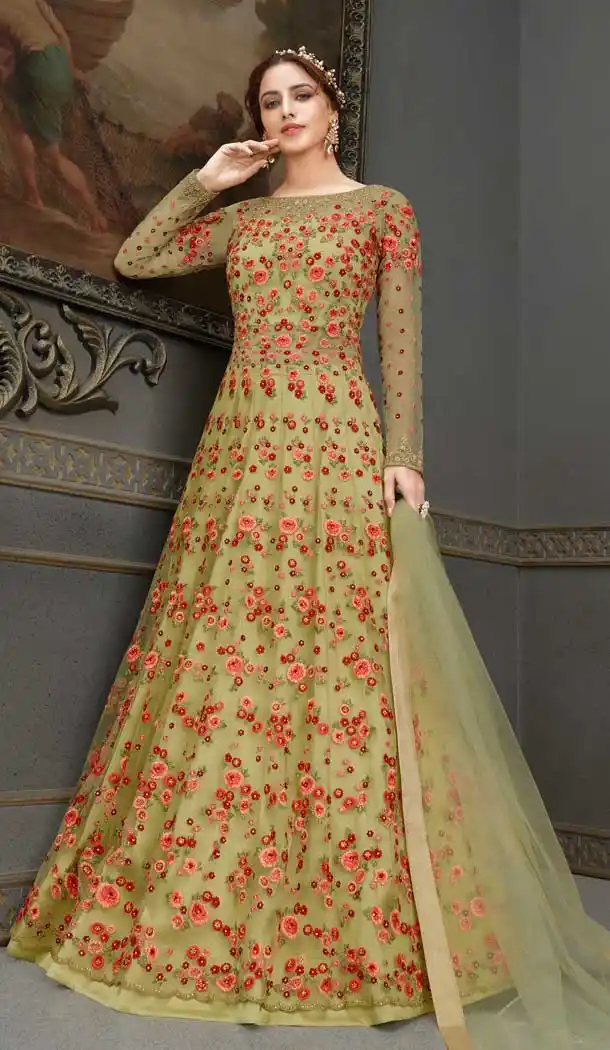 Olive Color Soft Net Embroidered Bridal Designer Party Wear Gown Suit -059117666
