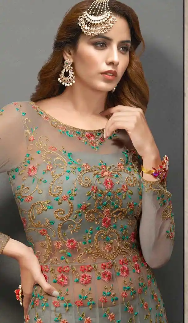 Grey Color Soft Net Embroidered Bridal Designer Party Wear Gown Suit -059117667