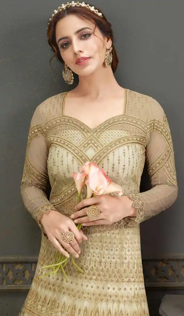 Cream Color Soft Net Embroidered Bridal Designer Party Wear Gown Suit -059117668