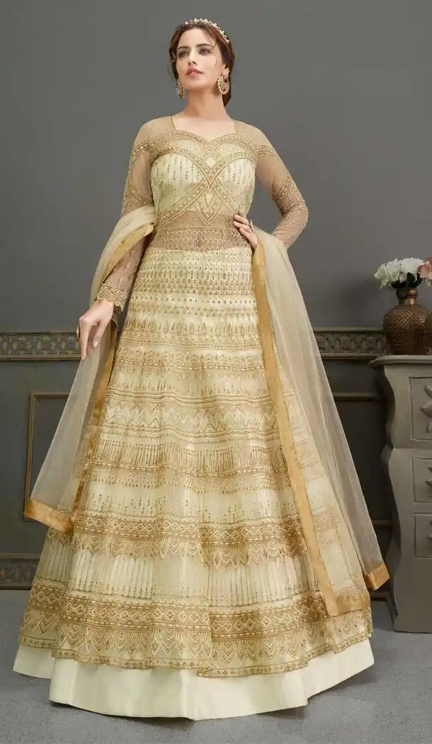 Cream Color Soft Net Embroidered Bridal Designer Party Wear Gown Suit -059117668
