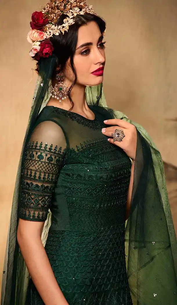 Green Color Net Bridal Designer Party Wear Gown Suit -060117670