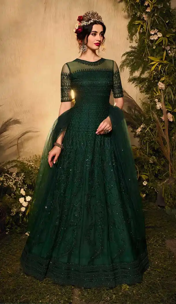 Green Color Net Bridal Designer Party Wear Gown Suit -060117670