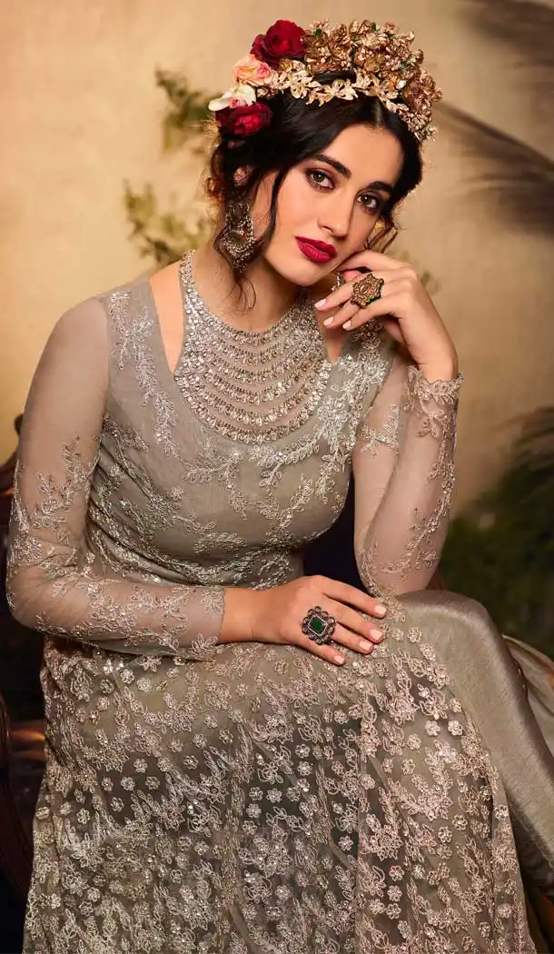 Beige Color Net Bridal Designer Party Wear Gown Suit -060117671