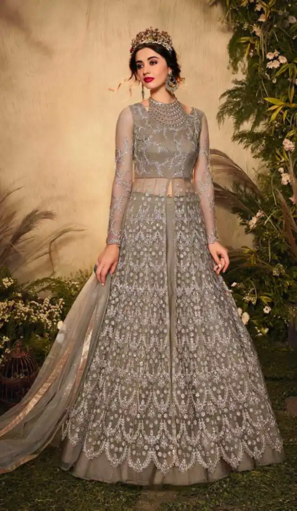 Beige Color Net Bridal Designer Party Wear Gown Suit -060117671