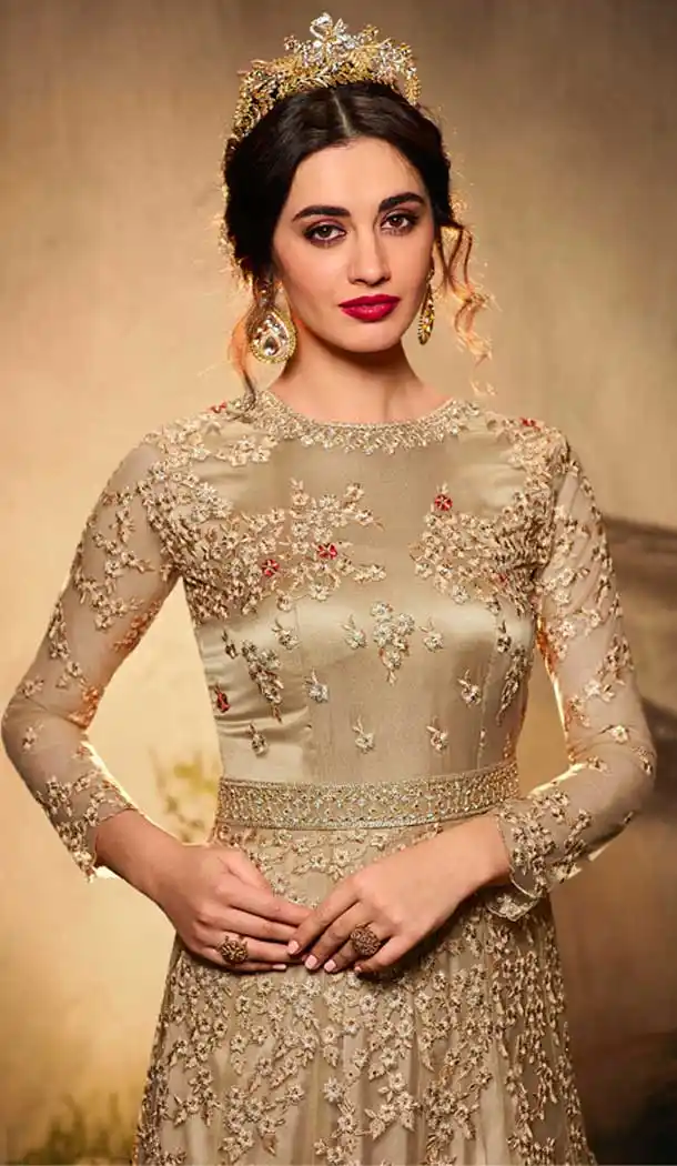 Golden Color Net Bridal Designer Party Wear Gown Suit -060117672
