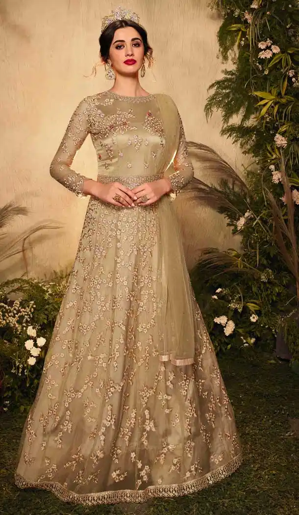Golden Color Net Bridal Designer Party Wear Gown Suit -060117672