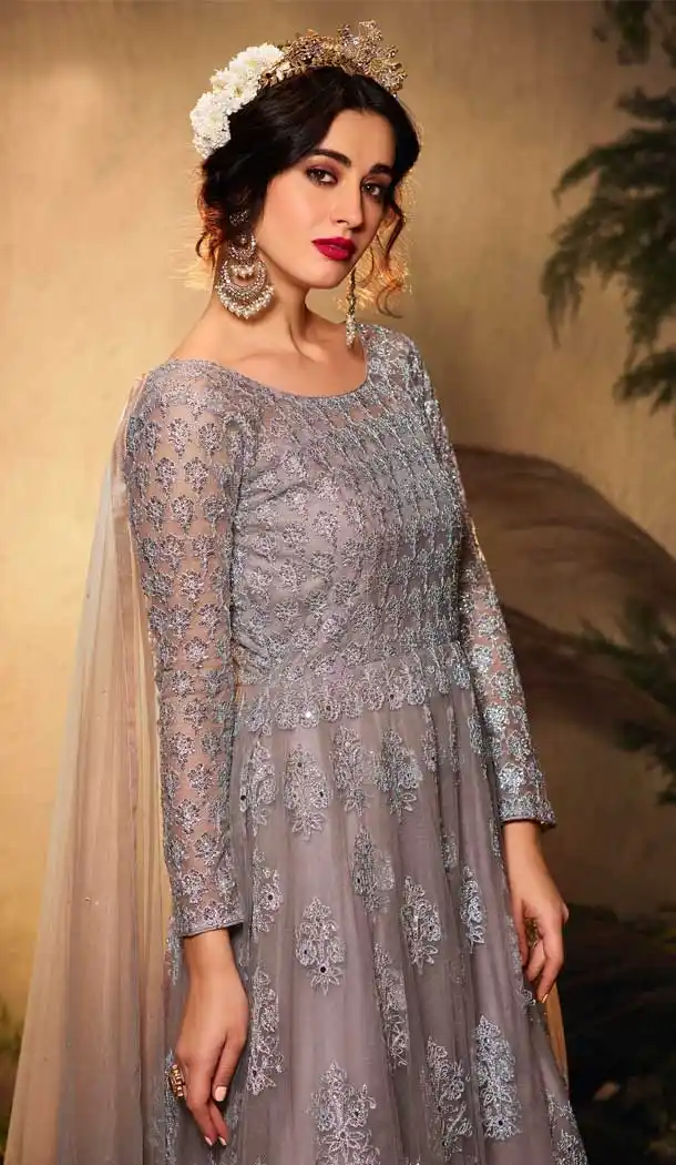 Grey Color Net Bridal Designer Party Wear Gown Suit -060117673