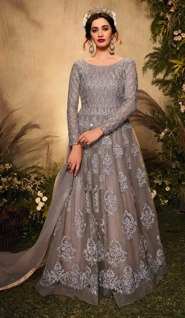 Grey Color Net Bridal Designer Party Wear Gown Suit -060117673