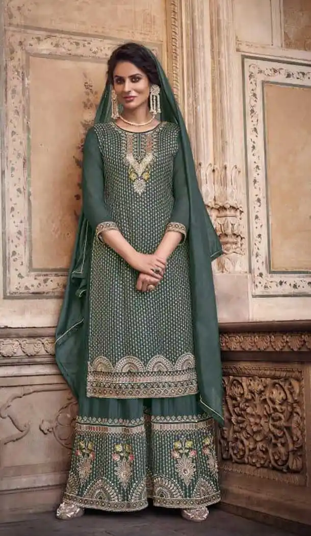 heavy chinon silk palazzo kurti suit -071117752