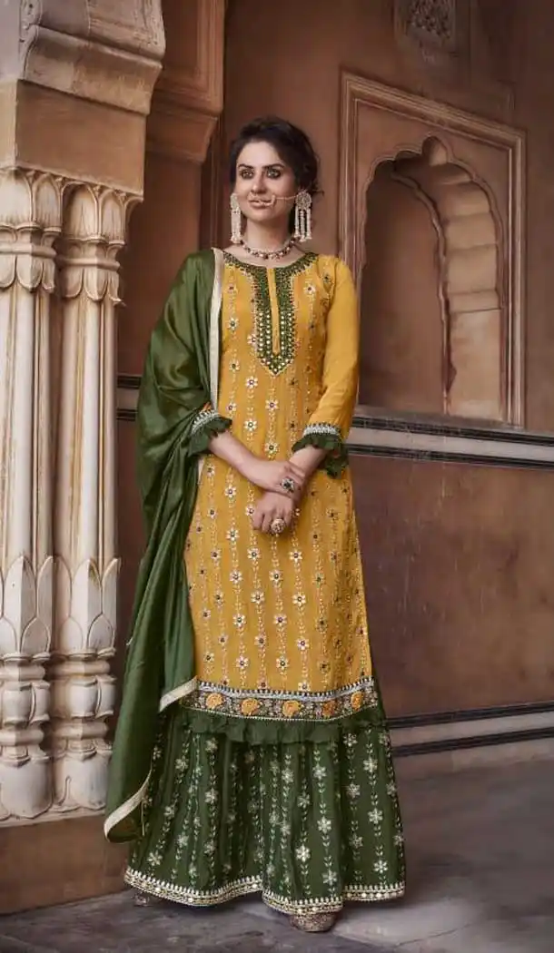 Yellow Color Heavy Chinon Silk Designer Party Wear Palazzo Suit -071117753