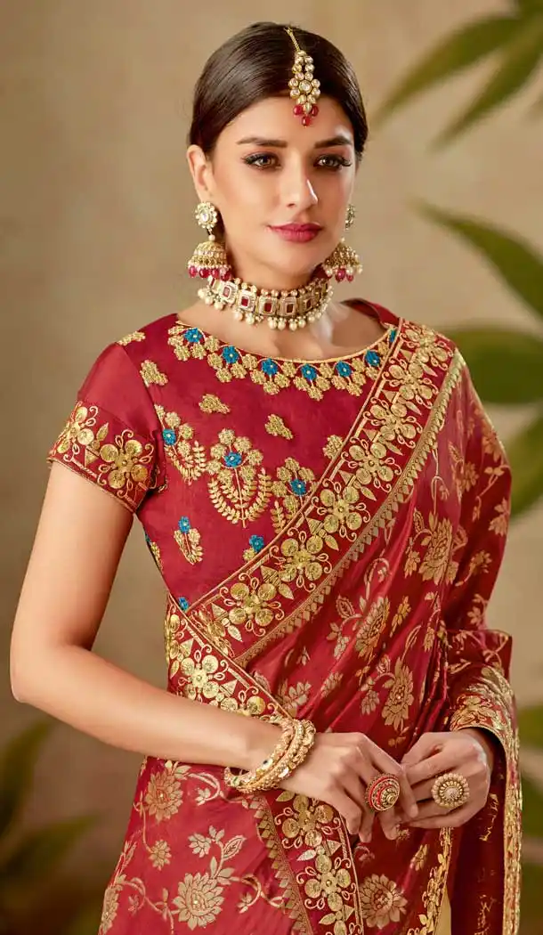 Cream Red Color Weaved Silk Designer Traditional Wear Saree Blouse -075117771