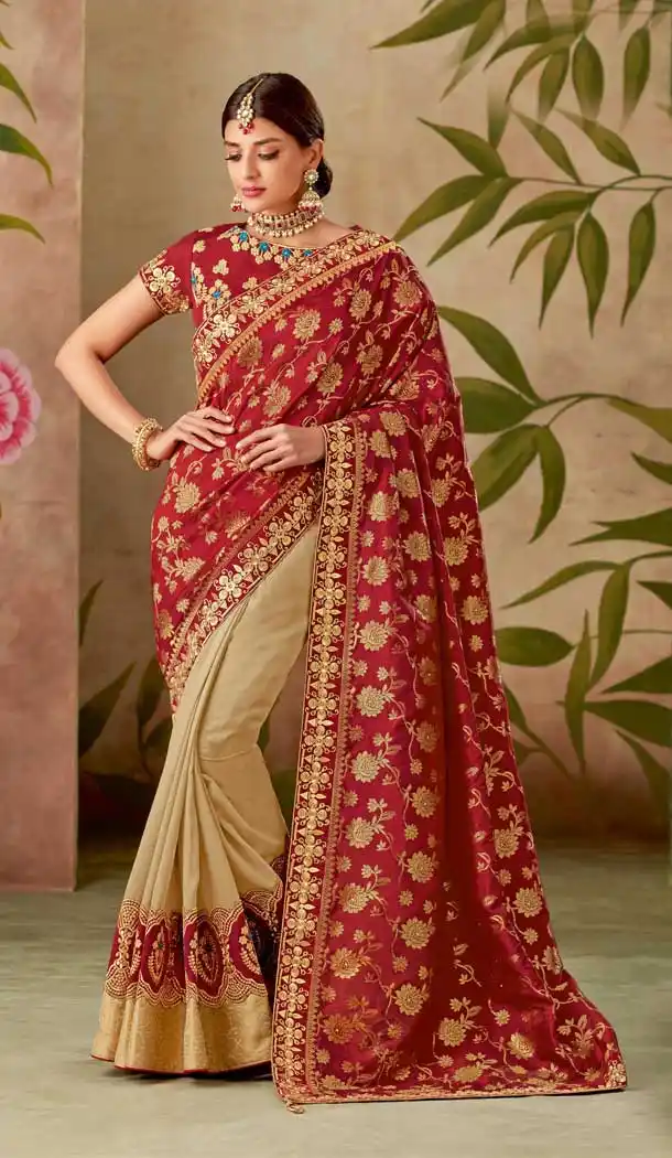 Cream Red Color Weaved Silk Designer Traditional Wear Saree Blouse -075117771