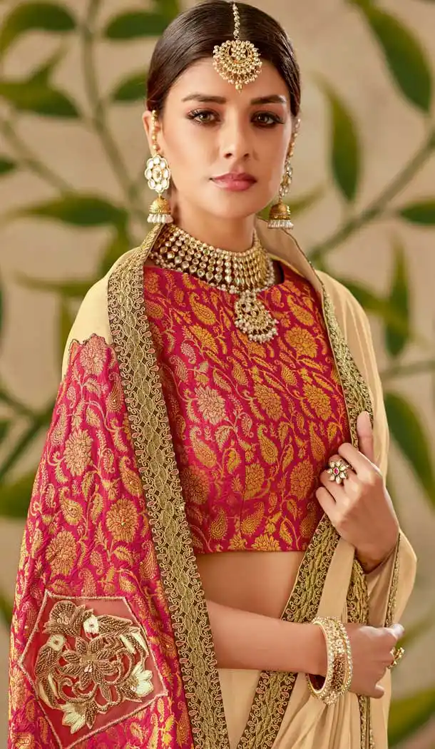 Attractive Beige Color Silk Designer Traditional Wear Saree Blouse -075117774