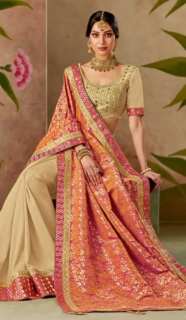 Orange Beige Color Silk Designer Traditional Wear Saree Blouse -075117775