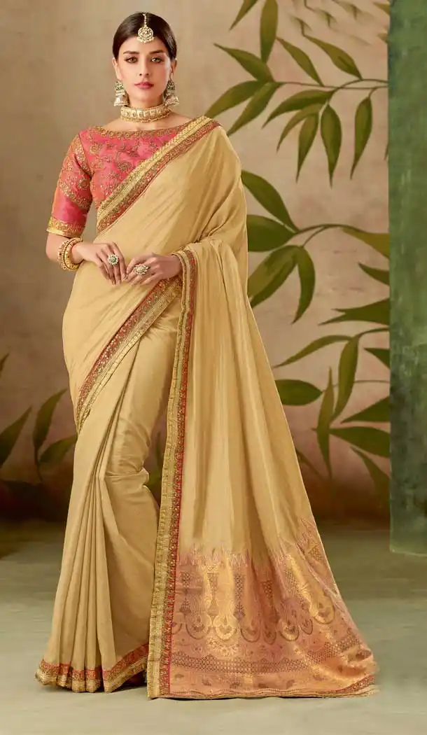 Scintillating Beige Color Silk Designer Traditional Wear Saree Blouse -075117777