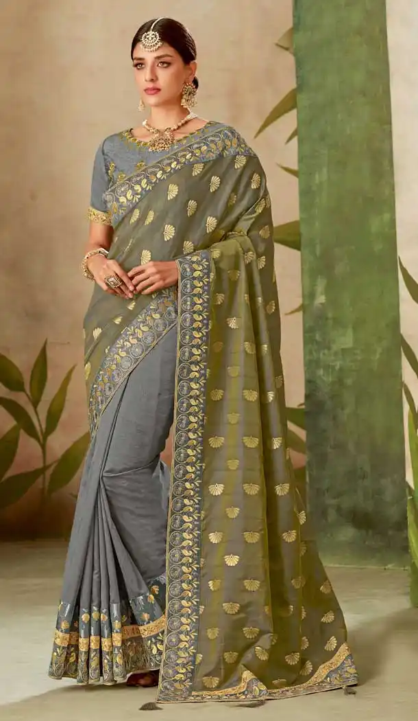 Grey Color Weaved Silk Designer Traditional Wear Saree Blouse -075117778