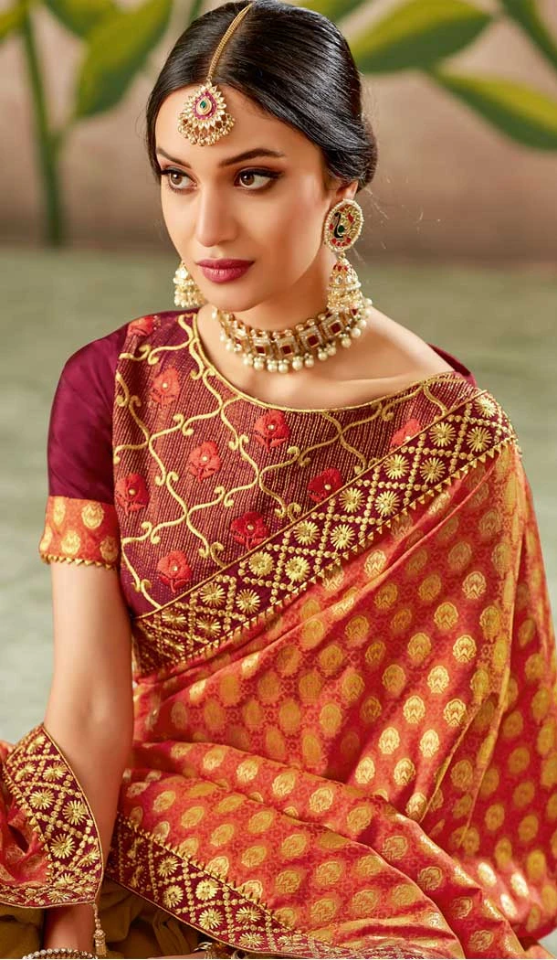 Red Beige Color Weaved Silk Designer Traditional Wear Saree Blouse -075117779