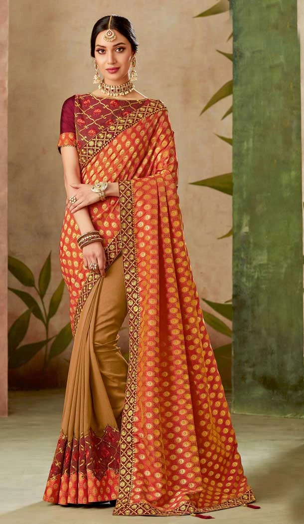Red Beige Color Weaved Silk Designer Traditional Wear Saree Blouse -075117779