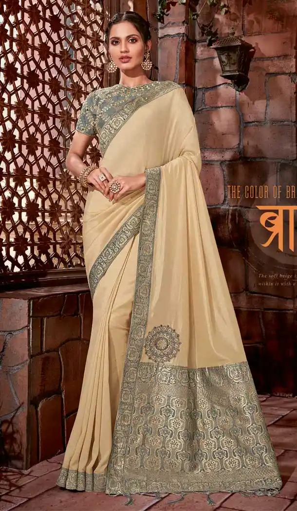 Cream Color Satin Silk Designer Traditional Party Wear Saree -076117782