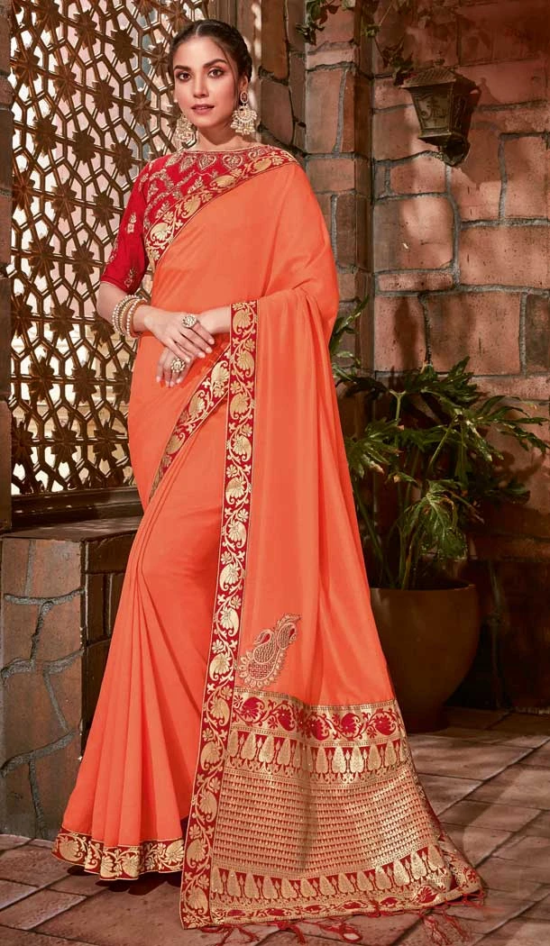 Orange Color Satin Silk Designer Traditional Party Wear Saree -076117783